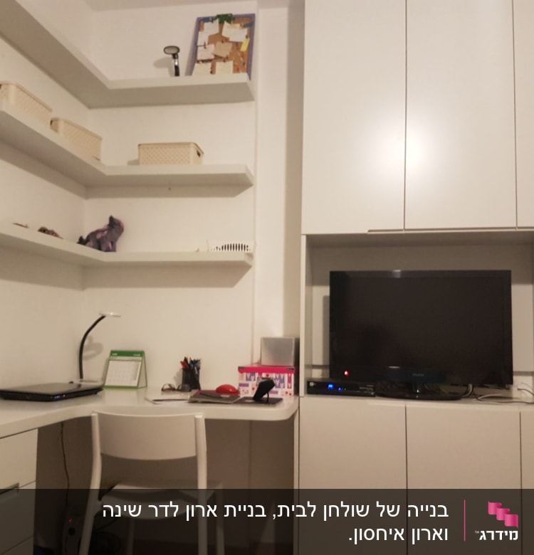 חדר עבודה עם מדפים, שולחן וכיסא